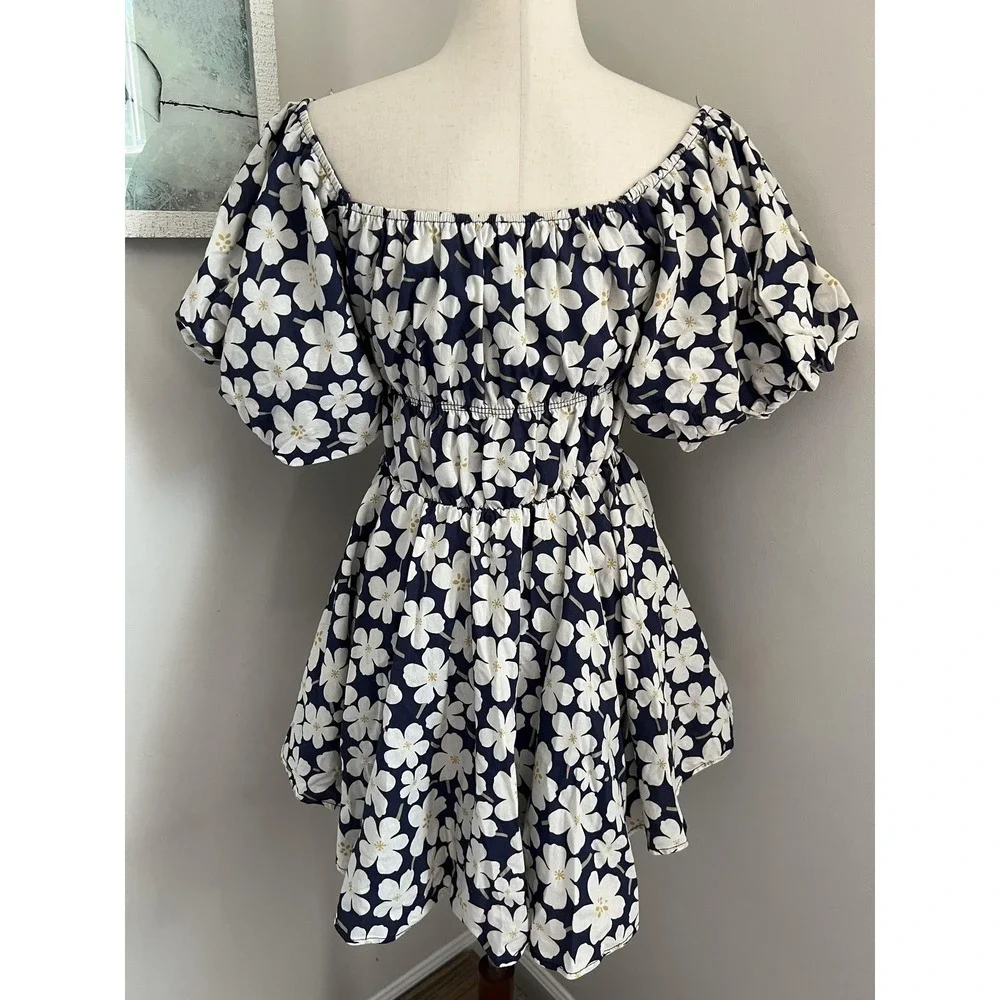 Blue Floral Off Shoulder Babydoll Mini Dress Smocked Sundress Cottage Boho - Picture 4 of 10